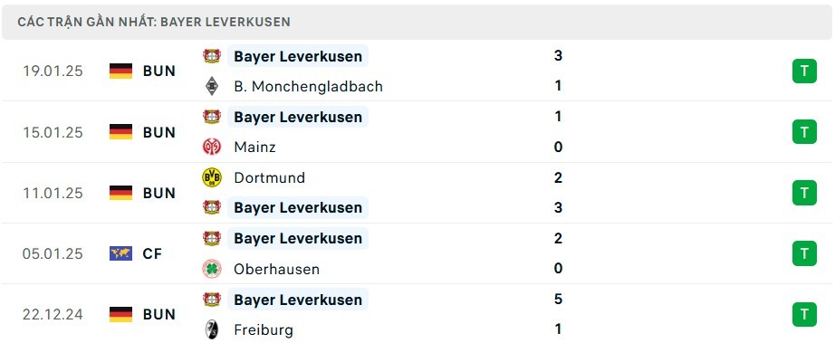 Phong độ thi đấu Bayer Leverkusen gần đây.